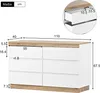A diagram showing the dimensions of a white and wood dresser with six drawers. Voir les images du produit