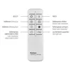 A white remote control with labels and icons indicating its functions. Anteprima dell’immagine prodotto