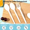White plastic cutlery (spoons and a fork) are arranged on a wooden board, with cherries in the foreground. Below the cutlery, there are icons and text indicating different occasions for use. Produktbild-Vorschau
