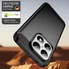 A black smartphone case with a carbon fiber accent is shown in a close-up shot, with a blurred desert-like background. Produktbild-Vorschau