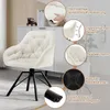 A cream-colored swivel chair with black metal legs is shown in a room with a white cabinet and some decorative items. The image includes callouts highlighting the chair's features. Náhľad obrázku produktu