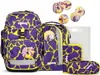 A collection of school bags and accessories with a purple and yellow giraffe-like pattern. Náhled obrázku produktu