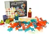 A collection of magnetic building blocks and accessories, including track pieces, balls, and figures, arranged around a product box. Náhled obrázku produktu