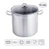 A stainless steel stockpot with a glass lid, shown in a studio setting with icons indicating stovetop compatibility. Produktbild-Vorschau