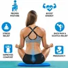 A woman is sitting in a yoga pose on a blue cushion, with various icons and text around her highlighting the benefits of the product. Voir les images du produit