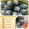 Close-up of a snow-covered artificial Christmas tree with text and icons highlighting its features, and a smaller inset image showing a lighter near the tree. Náhľad obrázku produktu