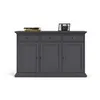 A dark gray sideboard with three doors and three drawers, displayed against a white background. Books and a framed picture are placed on top of the sideboard. Produktbild-Vorschau