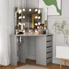 A vanity table with a lighted mirror and makeup products is set up in a room with curtains and a piece of art on the wall. Voir les images du produit