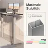 A close-up marketing image of a standing desk frame, highlighting its stability features with text and diagrams. Produktbild-Vorschau