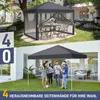 A collage showing two different uses of a pop-up gazebo. The top image shows a gazebo set up with a table and chairs inside, surrounded by a garden. The bottom image shows people gathered around a gazebo in a backyard. Podgląd zdjęcia produktu