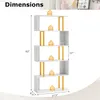 A white S-shaped bookshelf with gold accents, with dimensions and weight capacity indicated by text and icons. Náhľad obrázku produktu