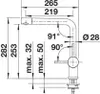 Technical drawing of a faucet with dimensions and angles. Produktbild-Vorschau