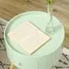 A close-up view of a round, light green side table with an open book and a glass vase with a plant on it. Voir les images du produit