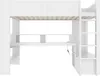 A white loft bed with a desk and shelves underneath, shown from the front. Náhled obrázku produktu