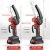 Two mini chainsaws are shown side-by-side with dimensions and weight labels. Podgląd zdjęcia produktu