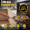 A hand holding a frying pan with chicken inside an oven, with marketing text and icons. Produktbild-Vorschau