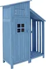 A blue wooden garden shed with an attached open storage area. Voir les images du produit