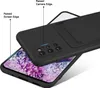 A black phone case is shown with a phone underneath, highlighting its features. Produktbild-Vorschau
