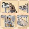 A collage of images showcasing a multi-level cat tree with various features and cats interacting with it. Produktbild-Vorschau
