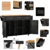A collage of images showcasing a black kitchen island with a wooden countertop, highlighting its features and components. Voir les images du produit