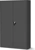 A gray metal cabinet with two doors and a lock is shown against a white background.