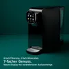 A black water dispenser with a digital display is shown against a dark teal background. Produktbild-Vorschau