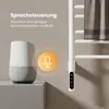 A smart speaker and a towel warmer are shown in a bathroom setting, highlighting voice control functionality. Produktbild-Vorschau
