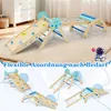 A collage of images showing a wooden indoor climbing structure for children in various configurations, with a text overlay. Podgląd zdjęcia produktu