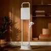 A standing garment steamer is shown in a well-lit room with wooden paneling and shelves. Podgląd zdjęcia produktu