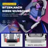 A woman is sitting in a gaming chair, holding a phone. The image also shows close-ups of the chair's features. Produktbild-Vorschau