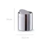 A silver metal trash can with a lid, shown on a white background with dimensions indicated. Produktbild-Vorschau