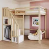 A loft bed with integrated wardrobe and storage stairs in a child's room. Voir les images du produit