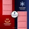 A split image showing a red and white checkered product on the left with warming symbols and text, and on the right with cooling symbols and text. A central circle highlights '2 Funktionen functions'. Produktbild-Vorschau