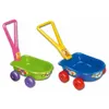 Two toy wagons, one green with a pink handle and purple wheels, the other blue with a yellow handle and red wheels, are shown against a white background. Náhľad obrázku produktu