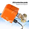 An orange electric ball valve with brass fittings is shown partially submerged in water, with water splashing around it. Text indicating 'IP54 protection grade' and 'dustproof and dripproof' is overlaid on the image. Produktbild-Vorschau