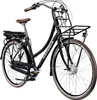 A black electric bicycle with a front basket and rear rack, shown against a white background. Produktbild-Vorschau