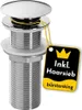 A chrome-plated sink drain assembly with a pop-up stopper and a yellow tag attached. Produktbild-Vorschau