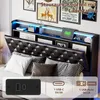 A bed with a headboard featuring storage, LED lighting, and a charging station, with close-ups of the charging ports. Náhľad obrázku produktu
