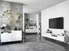 A modern living room with a white TV stand and a large TV mounted on the wall. Podgląd zdjęcia produktu