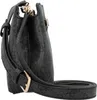 A side view of a black Guess handbag with a repeating logo pattern and gold hardware. Produktbild-Vorschau