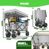 A foldable wagon with a canopy, loaded with items, shown with dimensions and a cover. Produktbild-Vorschau