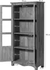 A wooden vitrine with its door open, showing shelves and dimensions. Anteprima dell’immagine prodotto