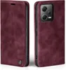 A burgundy flip case for a smartphone is shown from two angles, front and back. Produktbild-Vorschau