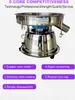 A stainless steel vibrating sieve machine is shown with text overlays highlighting its features. Produktbild-Vorschau