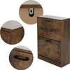 A collage of images showing a brown shoe cabinet with two flip-out compartments, along with close-up details of its construction and hardware. Náhled obrázku produktu