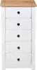 A tall, narrow white dresser with a wooden top and five drawers, each with a black knob. Náhled obrázku produktu