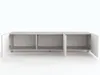 A front view of an empty white TV stand with three compartments and two doors open on the left and right sides. Produktbild-Vorschau