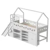 A white wooden loft bed with a house-shaped frame, slide, stairs, and integrated storage units. Podgląd zdjęcia produktu