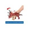 A hand is shown pressing down on the back of a toy dinosaur, with arrows indicating movement and sound. Voir les images du produit