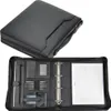 A black leather ring binder folder shown closed and then open, revealing its internal compartments. Náhled obrázku produktu